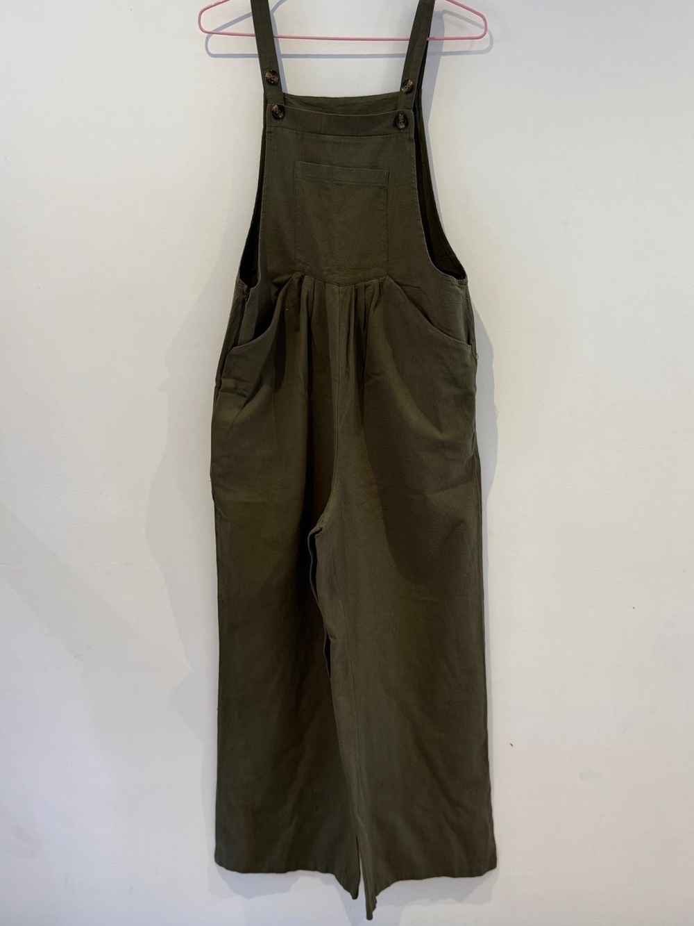 Cottagecore Lagenlook Olive Green Cotton Linen Wide Leg Overalls Jumpsuit M